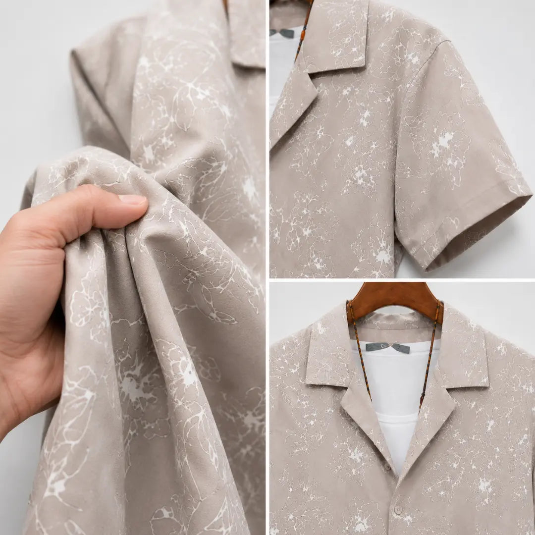 Beige Floral Print Short-Sleeve Open Collar Shirt