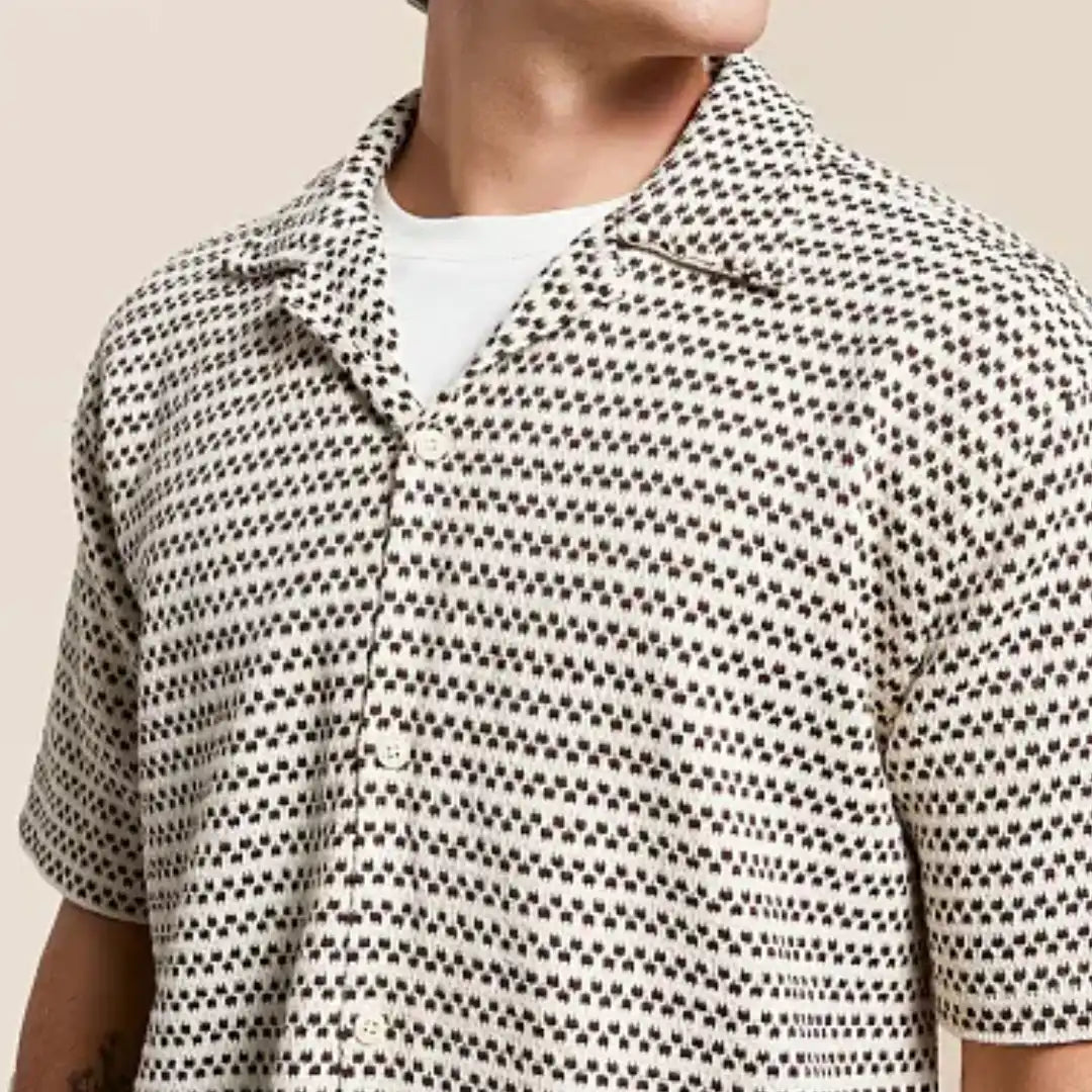 Men's Stone Beige Textured Crochet Knit Camp Collar Shirt