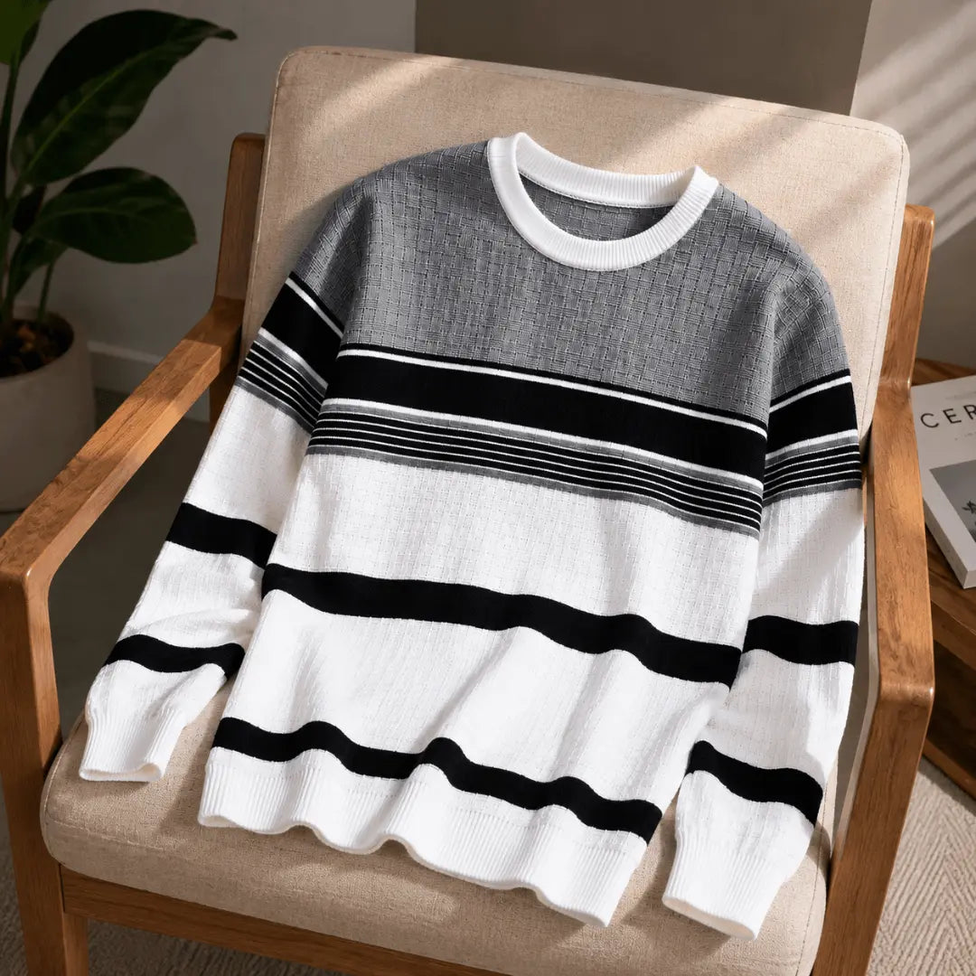 Men's Striped Round Neck Pure Cotton Grey & White T-Shirt