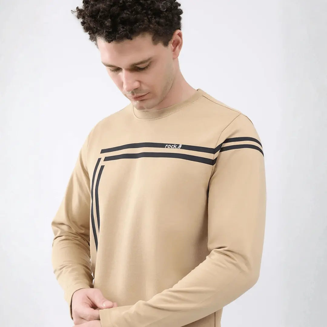 Men Beige Solid Round Neck Full Sleeve Winter T-Shirt