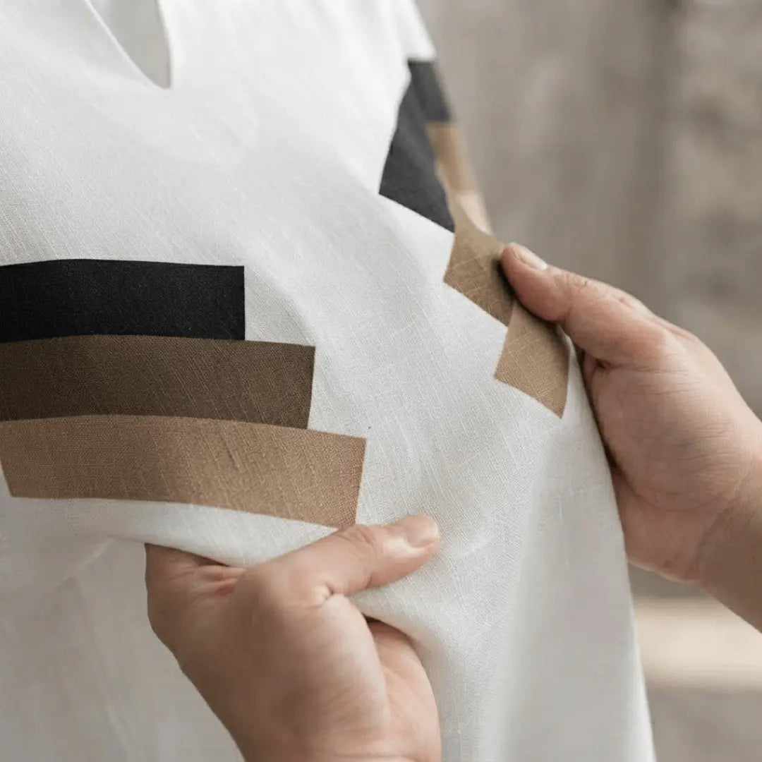 Men's White Geometric Color Block Linen Blend Short Sleeve Casual Shirt