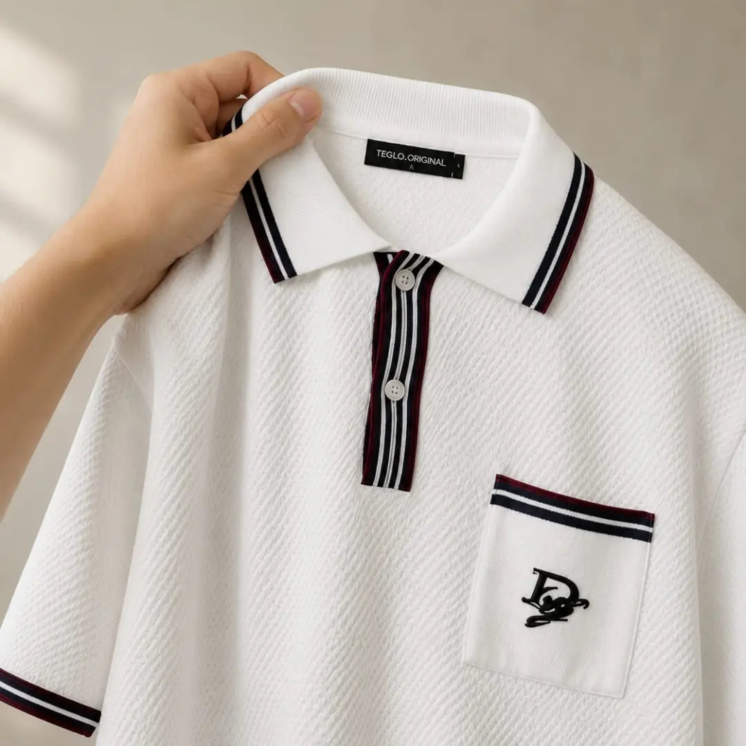 Men's White Contrast Tipped Knit Polo Shirt with Chest Pocket