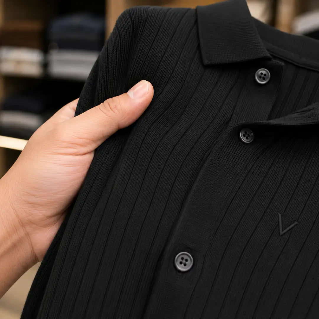 Black Textured Knitted Cuban Shirt