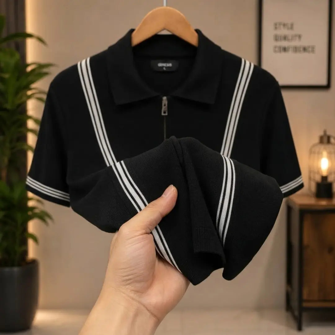 GENESIS Black Zip-Up Striped Polo Shirt