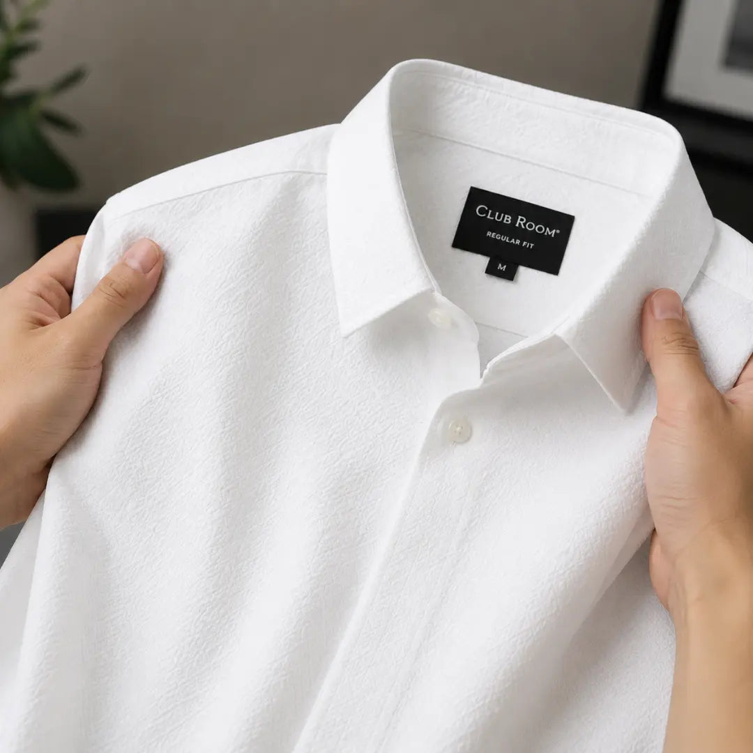 Men's White Textured Button-Up Dress Shirt