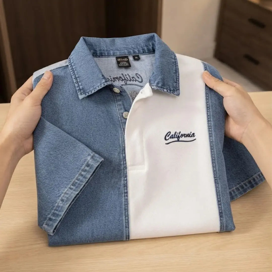 Men's White & Blue Denim Panel Polo Shirt