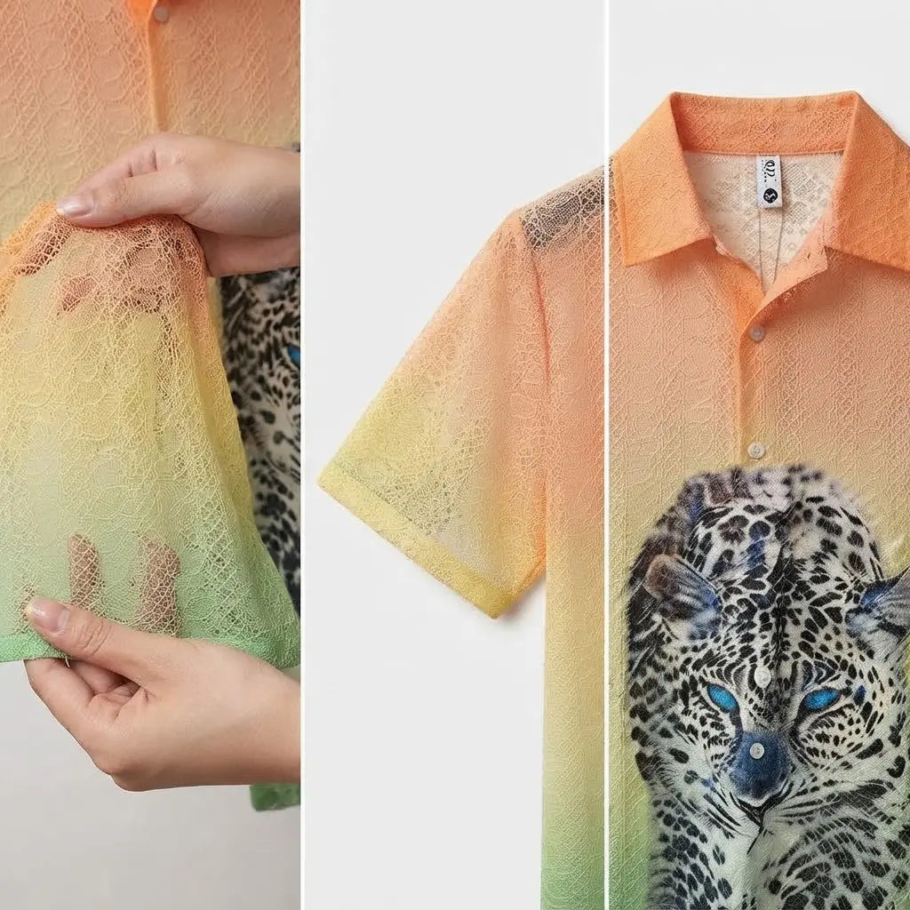"Gradient Lace Short-Sleeve Button-Down Shirt with Leopard Print"