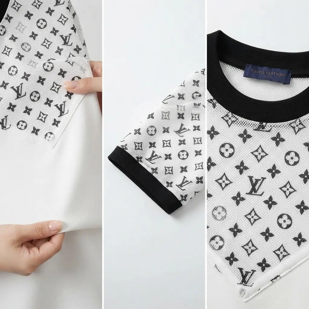 Louis Vuitton Men's Casual Short-Sleeve Monogram Yoke Crewneck T-Shirt with Contrast Black Ribbed Trim