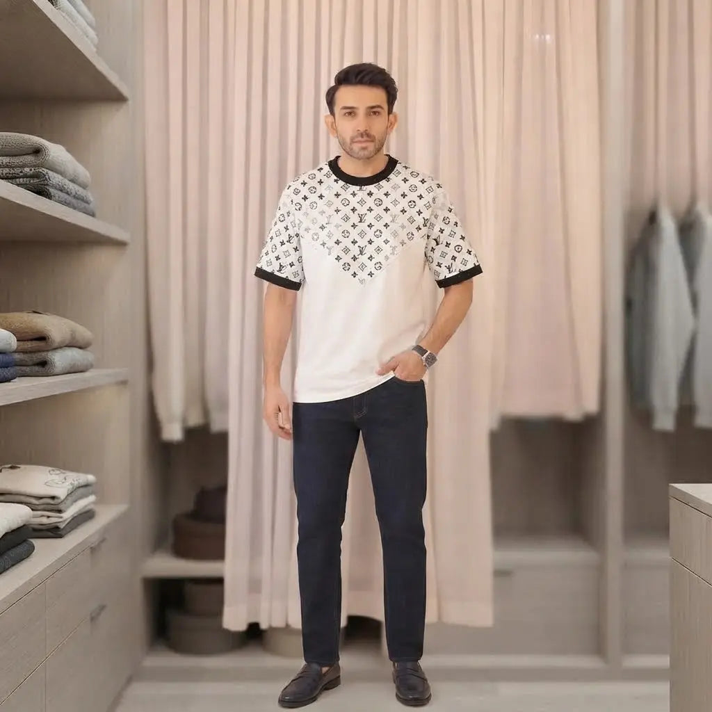 Louis Vuitton Men's Casual Short-Sleeve Monogram Yoke Crewneck T-Shirt with Contrast Black Ribbed Trim