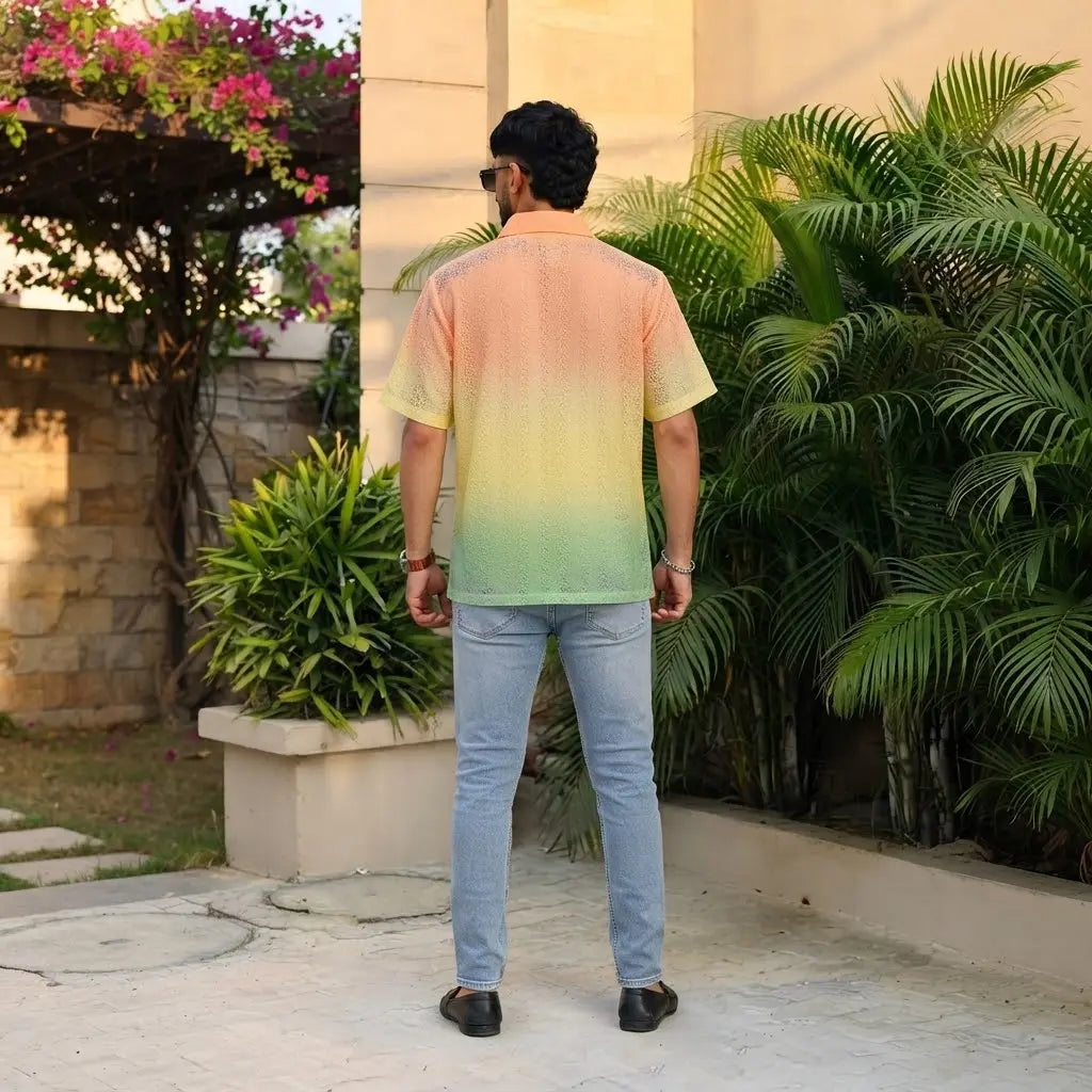 "Gradient Lace Short-Sleeve Button-Down Shirt with Leopard Print"