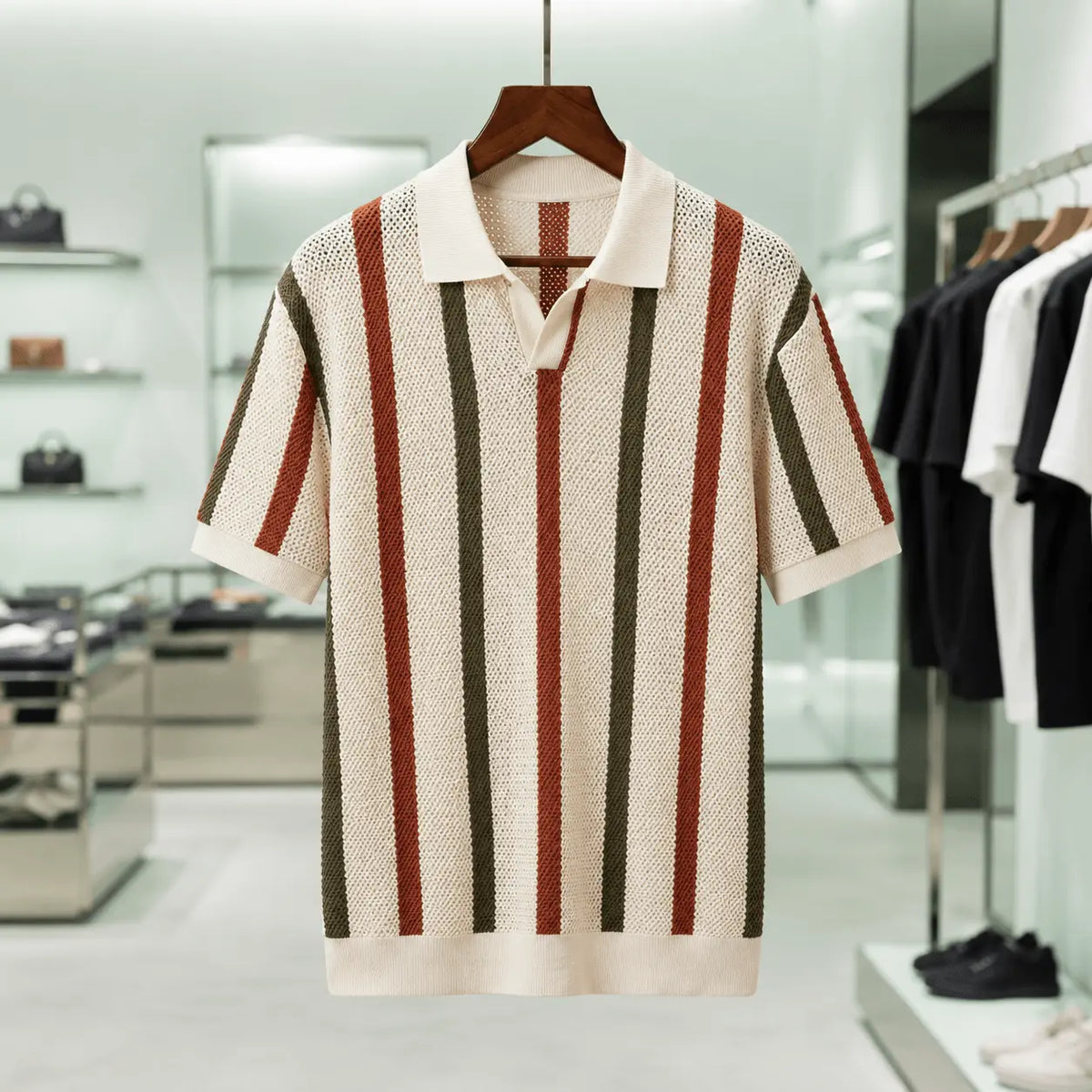 Men's Striped Hollow Knit Polo Shirt