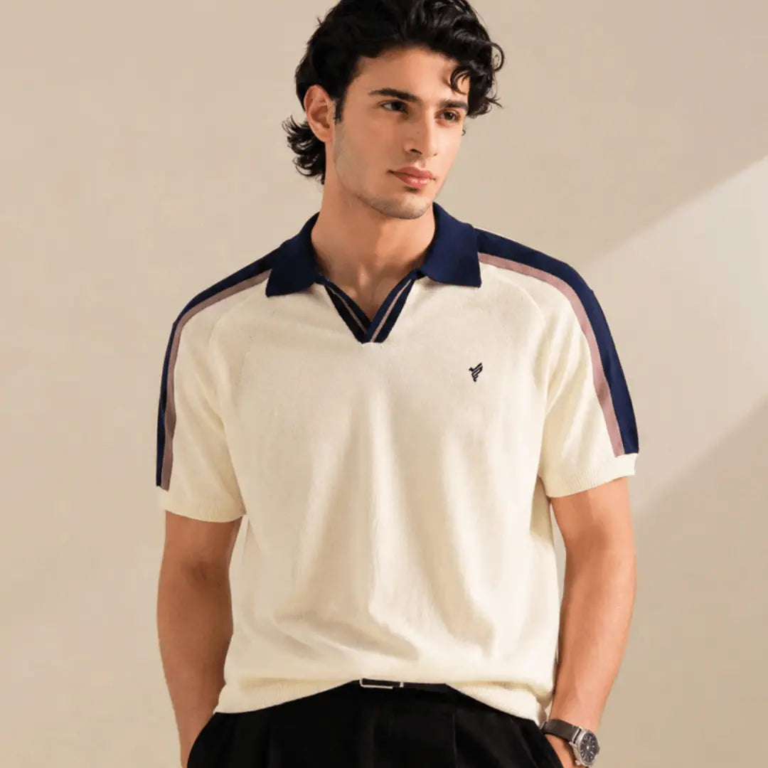 Cream Knitted Contrast Polo
