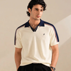 Cream Knitted Contrast Polo