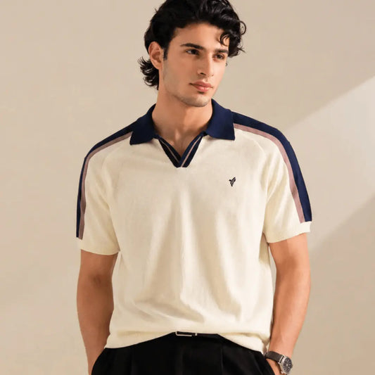 Cream Knitted Contrast Polo