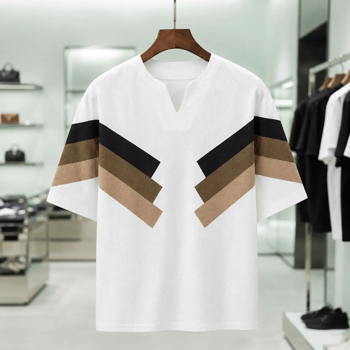 Men's White Geometric Color Block Linen Blend Short Sleeve Casual Shirt