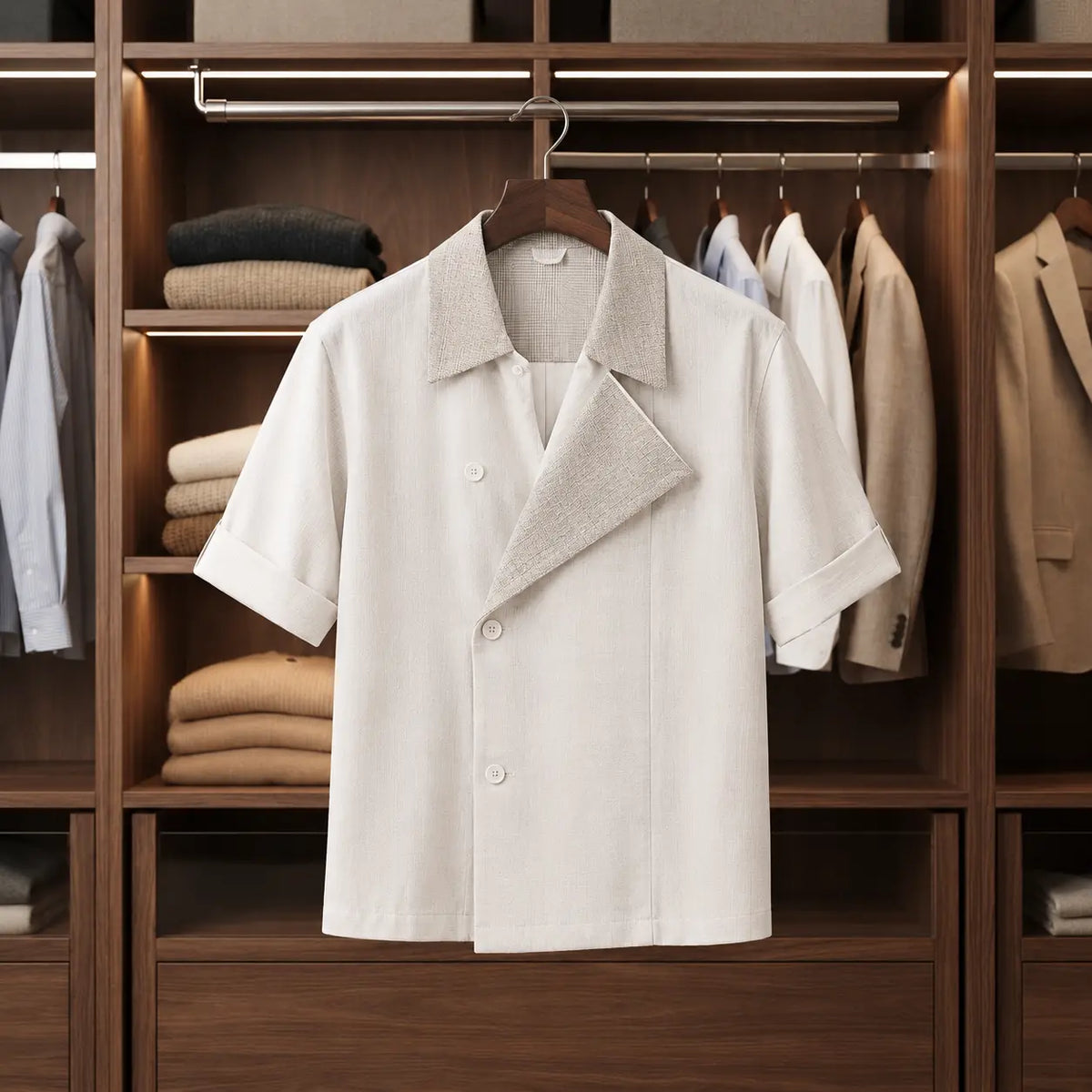 Short-Sleeve Double-Breasted Blazer Shirt with Contrast Plaid Lapels