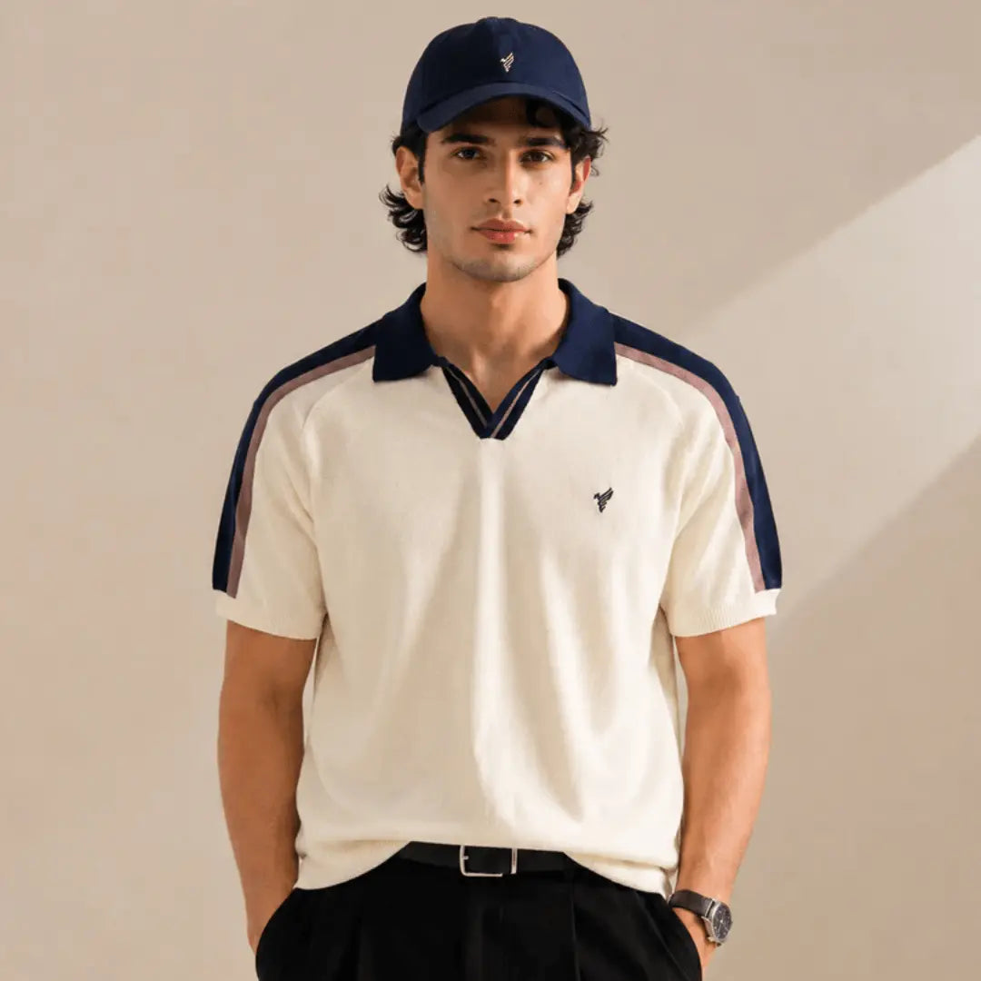Cream Knitted Contrast Polo