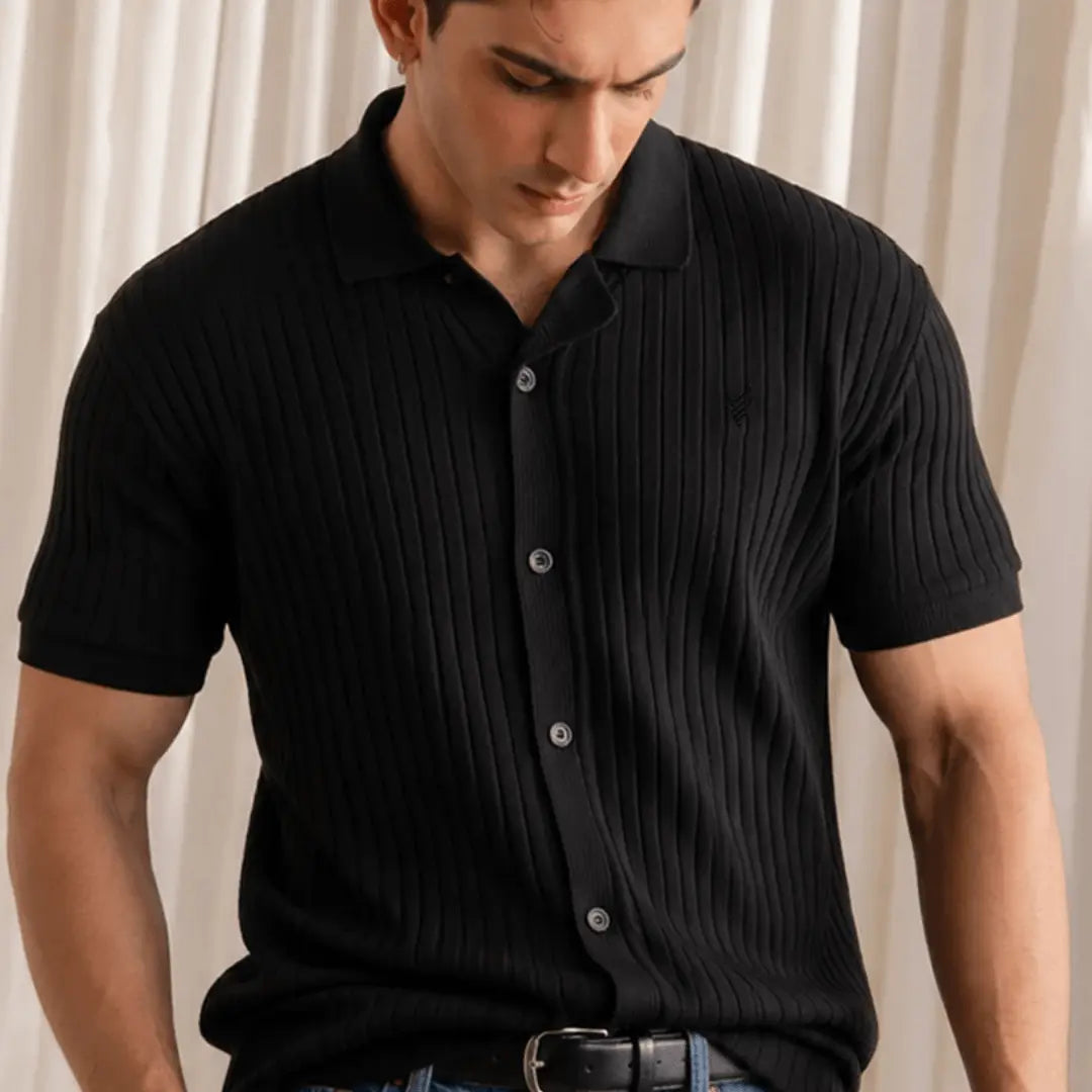 Black Textured Knitted Cuban Shirt
