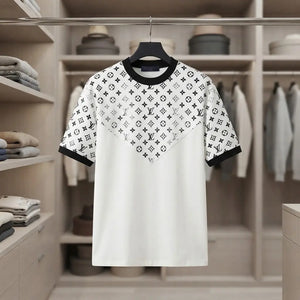 Louis Vuitton Men's Casual Short-Sleeve Monogram Yoke Crewneck T-Shirt with Contrast Black Ribbed Trim