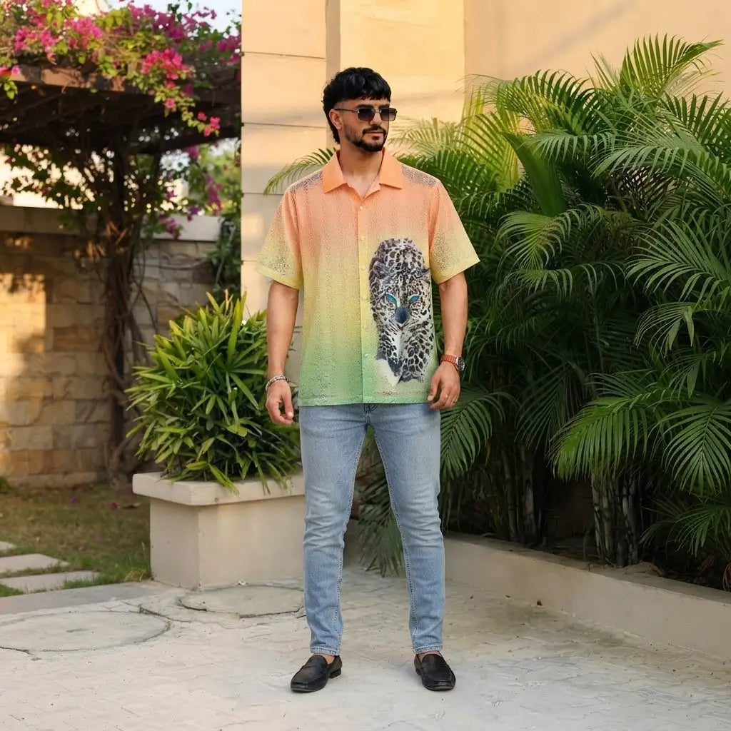 "Gradient Lace Short-Sleeve Button-Down Shirt with Leopard Print"