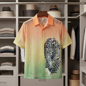 "Gradient Lace Short-Sleeve Button-Down Shirt with Leopard Print"