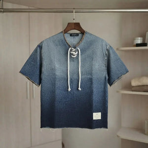 Men’s Casual Short-Sleeve Denim-Style Gradient Laced V-Neck T-Shirt