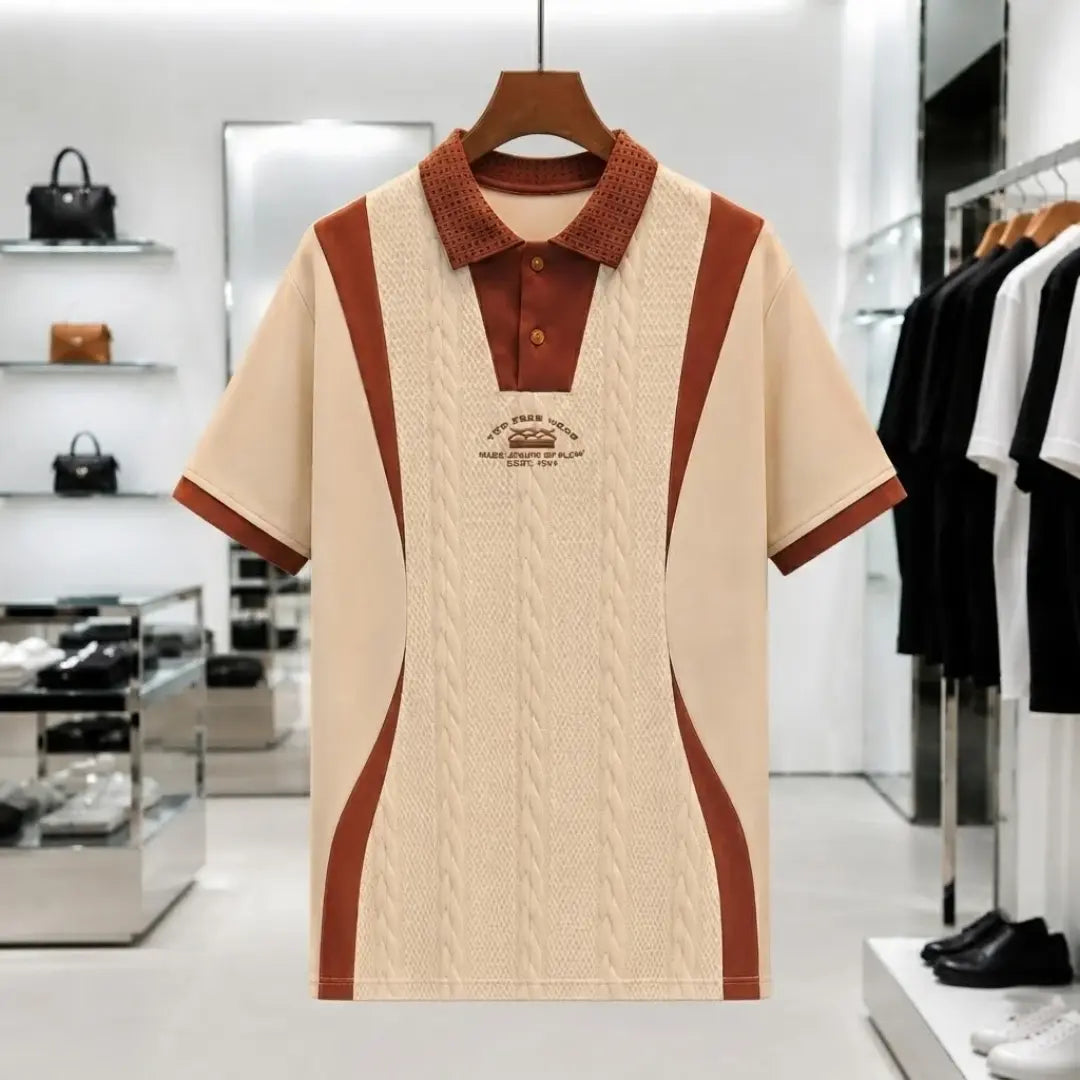 Cream & Brown Cable-Knit Panel Contrast Polo Shirt