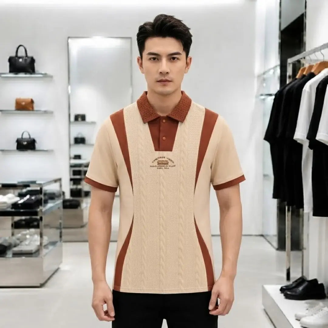 Cream & Brown Cable-Knit Panel Contrast Polo Shirt
