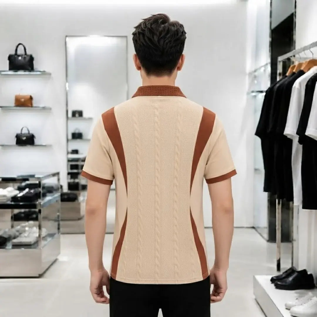 Cream & Brown Cable-Knit Panel Contrast Polo Shirt