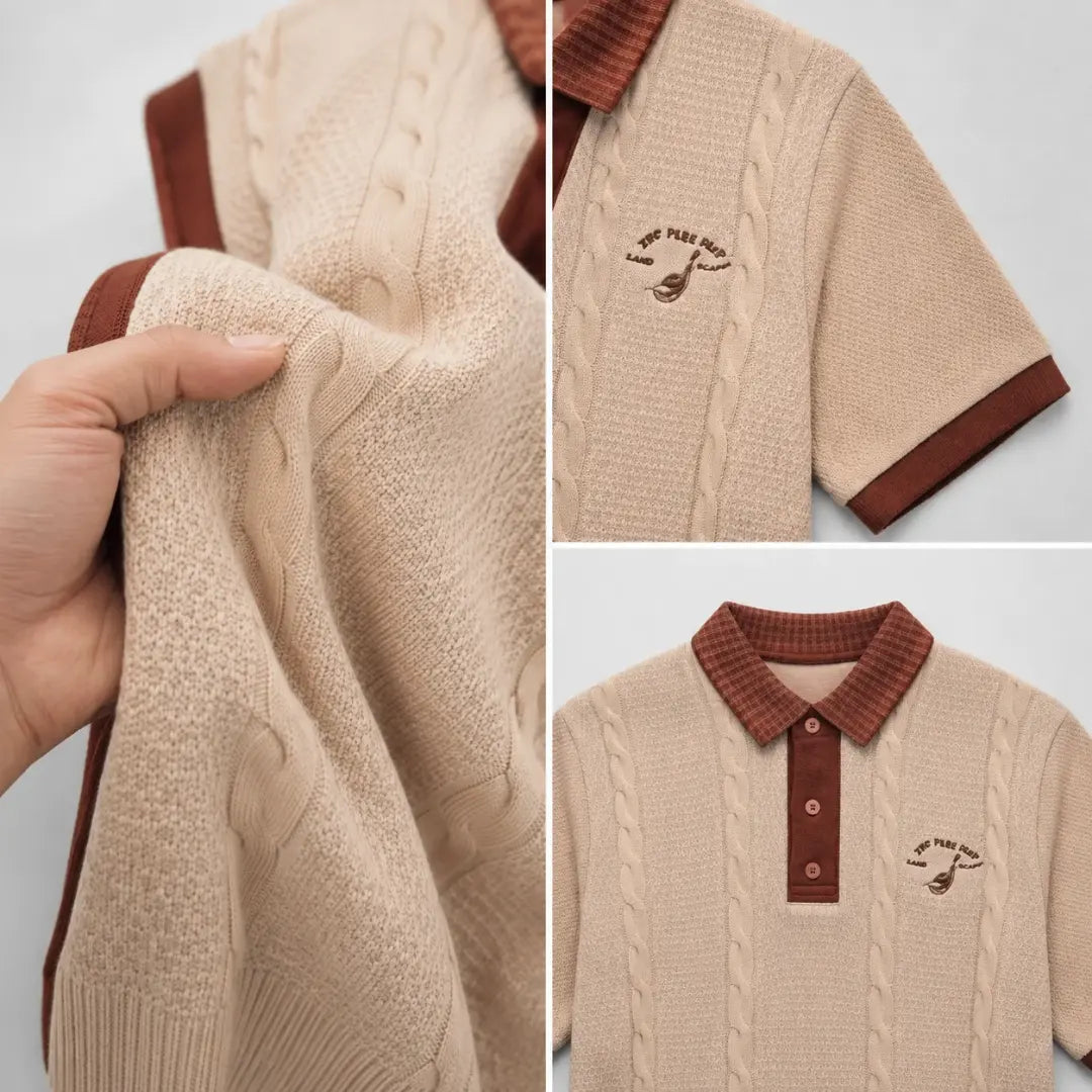 Cream & Brown Cable-Knit Panel Contrast Polo Shirt