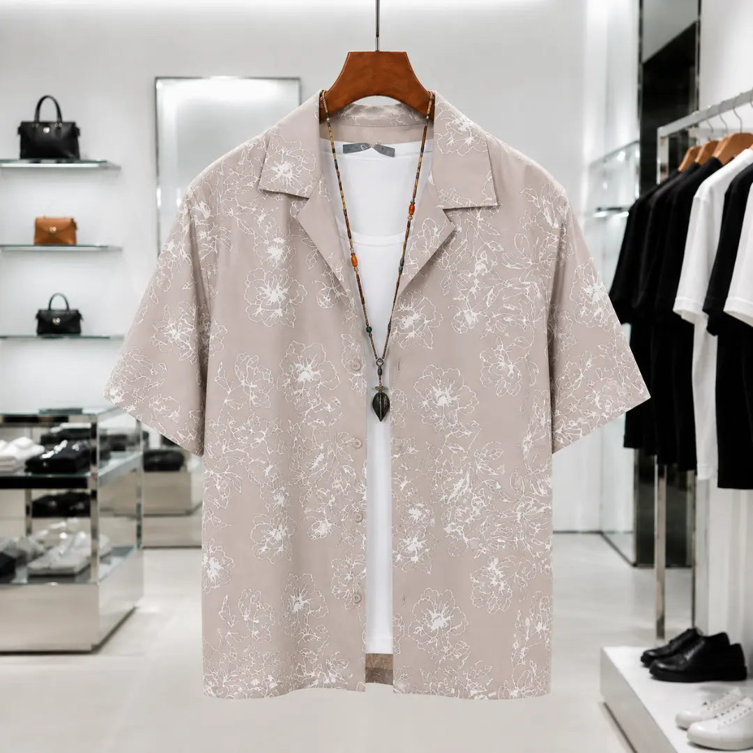 Beige Floral Print Short-Sleeve Open Collar Shirt