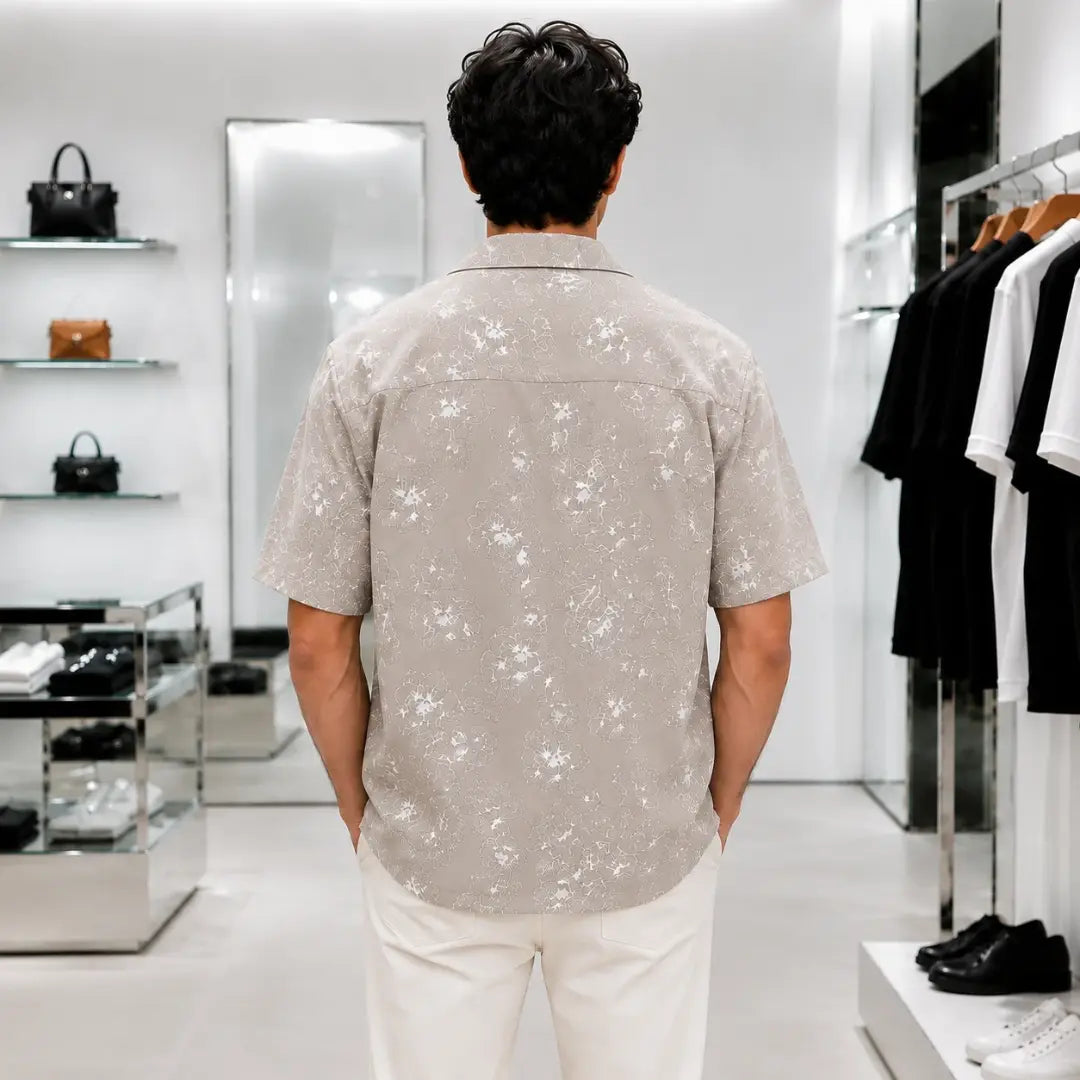 Beige Floral Print Short-Sleeve Open Collar Shirt