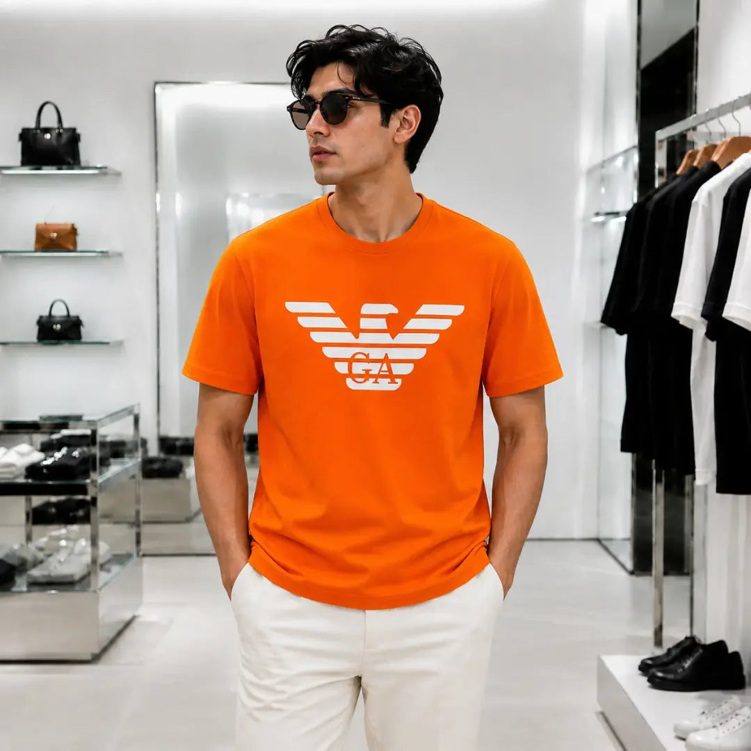 Orange Graphic Print Crew Neck Short-Sleeve T-Shirt
