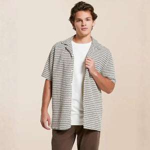 Men's Stone Beige Textured Crochet Knit Camp Collar Shirt