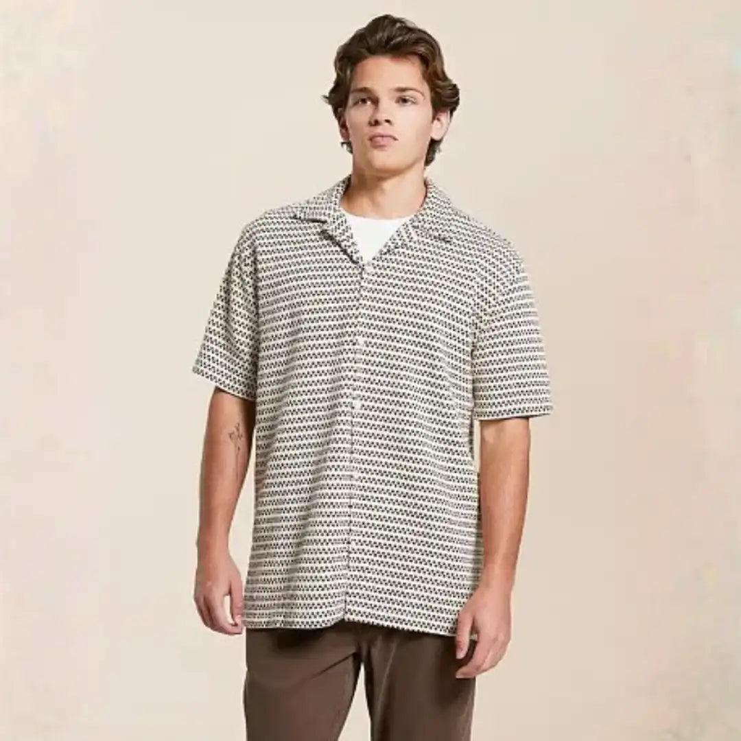 Men's Stone Beige Textured Crochet Knit Camp Collar Shirt