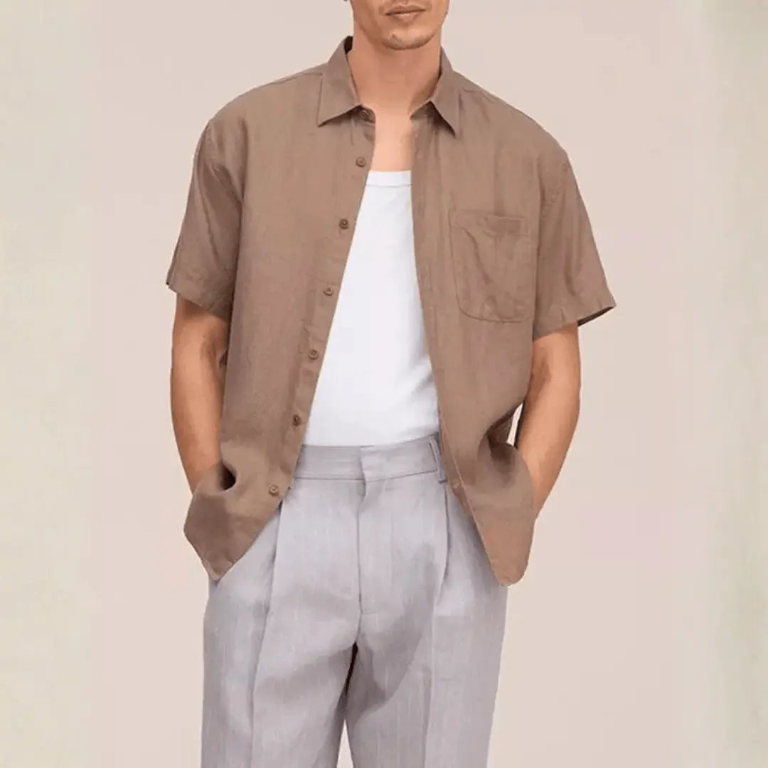 Men's Taupe Linen Short Sleeve Shirt