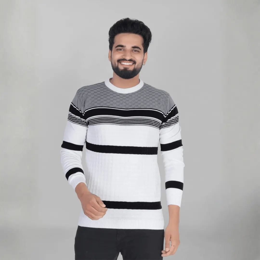 Men's Striped Round Neck Pure Cotton Grey & White T-Shirt
