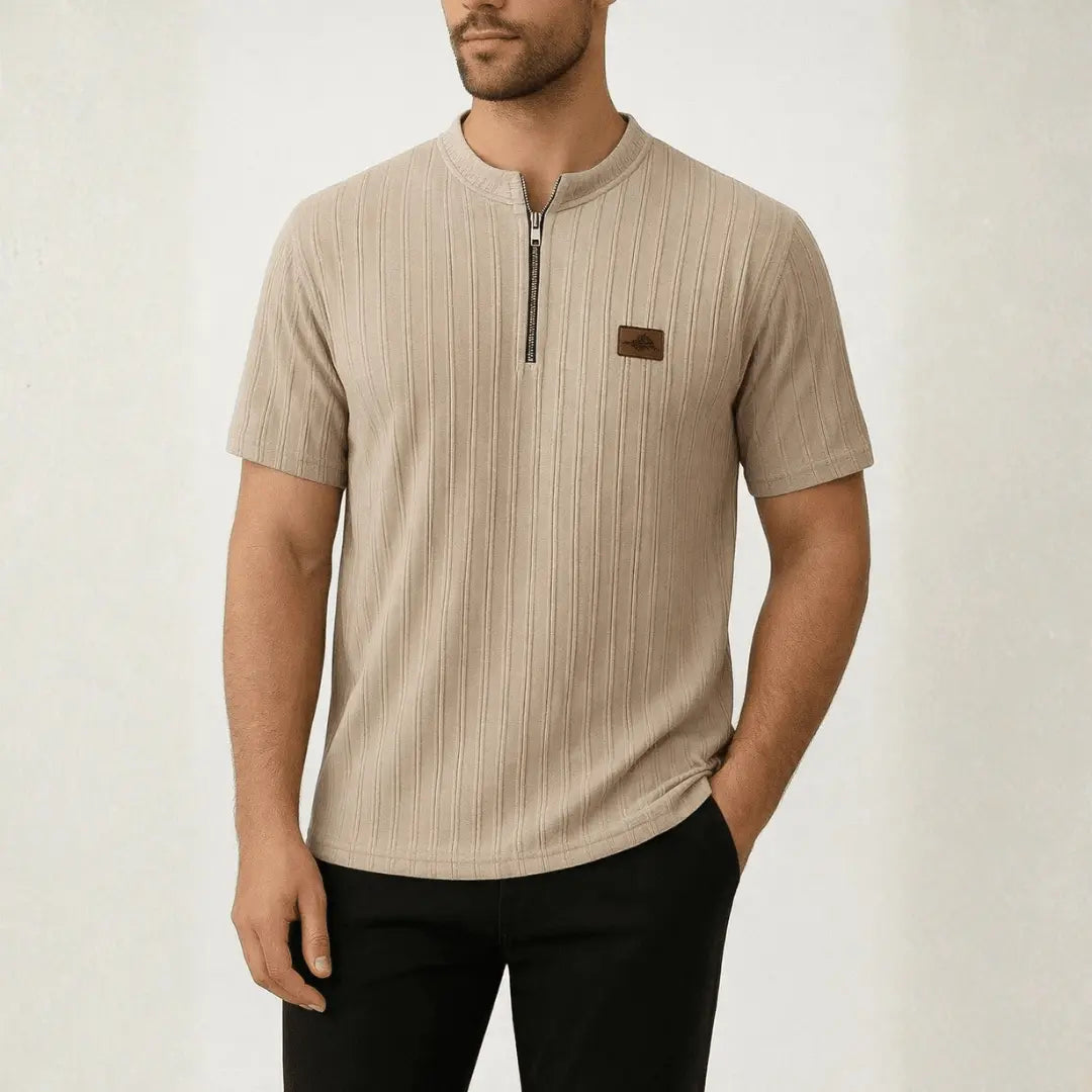 METRONAUT Beige Zip Neck Self Design T-Shirt