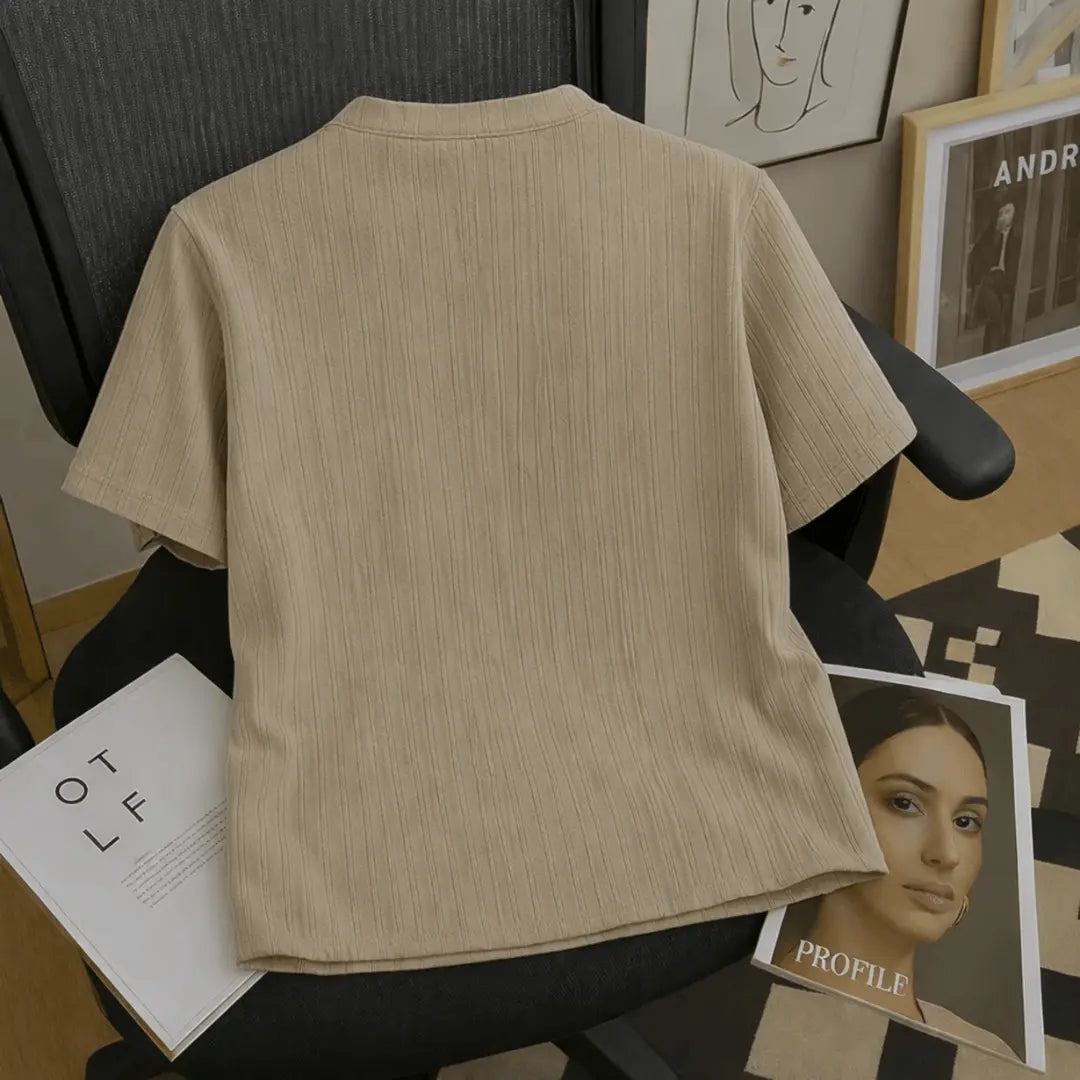 METRONAUT Beige Zip Neck Self Design T-Shirt