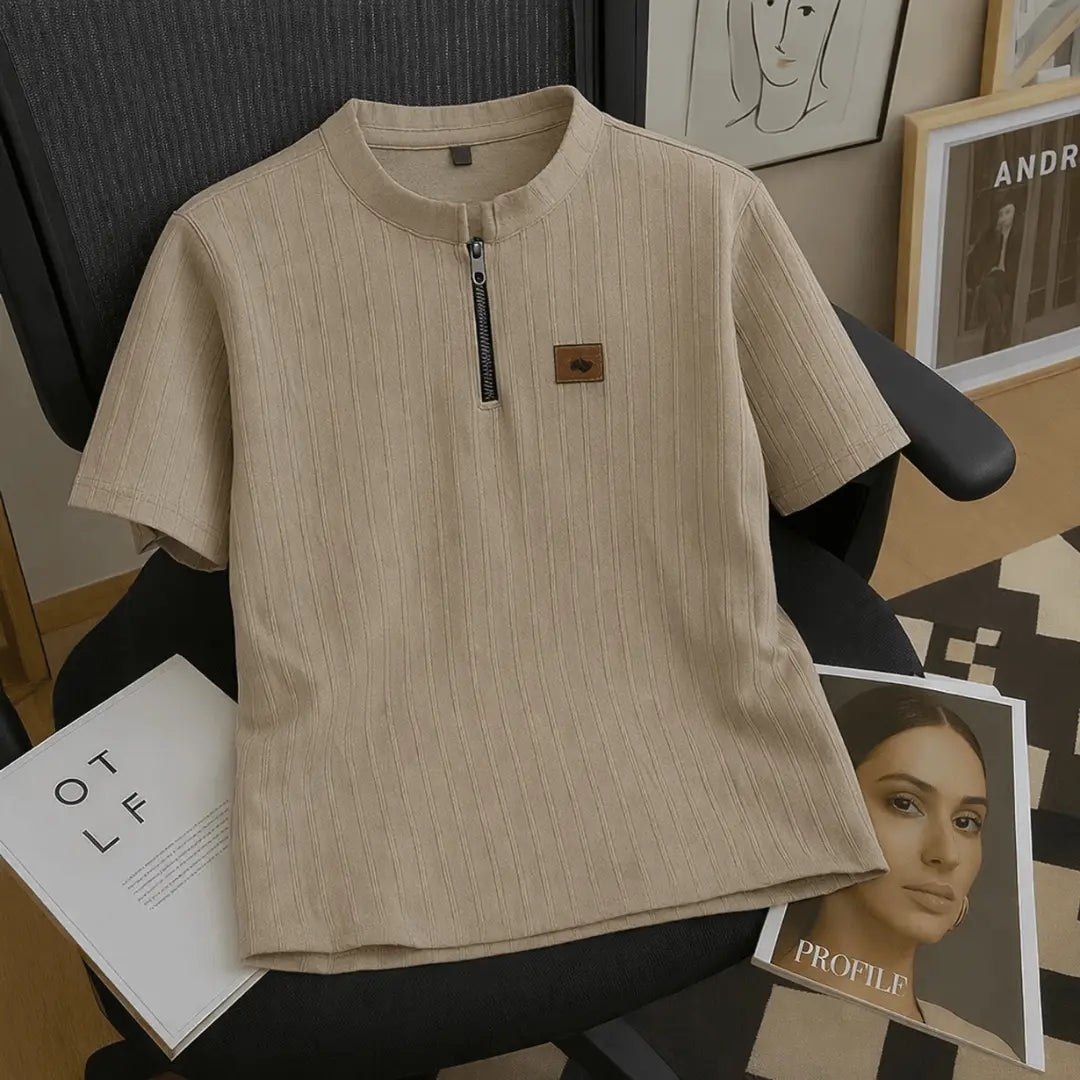 METRONAUT Beige Zip Neck Self Design T-Shirt