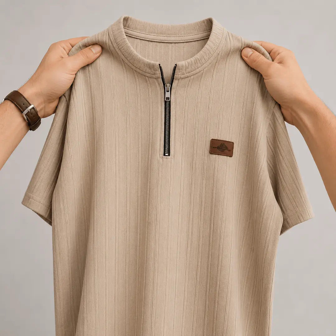 METRONAUT Beige Zip Neck Self Design T-Shirt