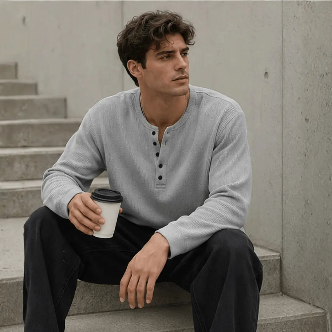 NOOK Men Self Design Henley Neck Cotton Blend Grey T-Shirt
