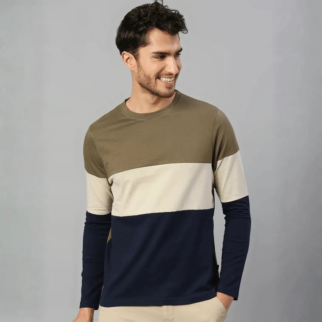 Men's Pure Cotton Color Block Full Sleeves Crew Neck T-Shirt