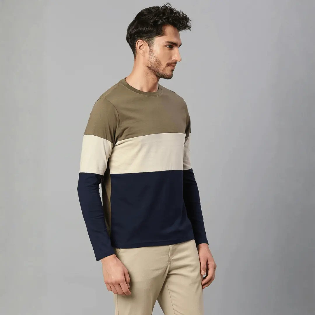 Men's Pure Cotton Color Block Full Sleeves Crew Neck T-Shirt