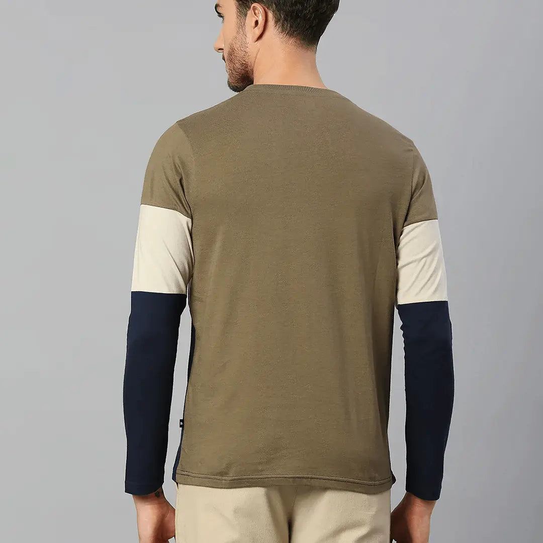 Men's Pure Cotton Color Block Full Sleeves Crew Neck T-Shirt