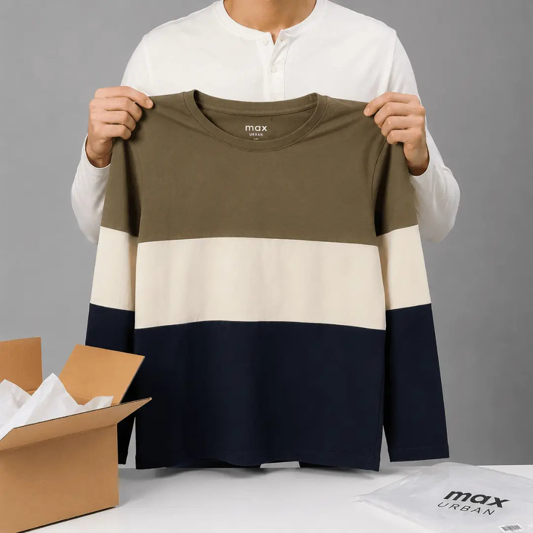 Men's Pure Cotton Color Block Full Sleeves Crew Neck T-Shirt