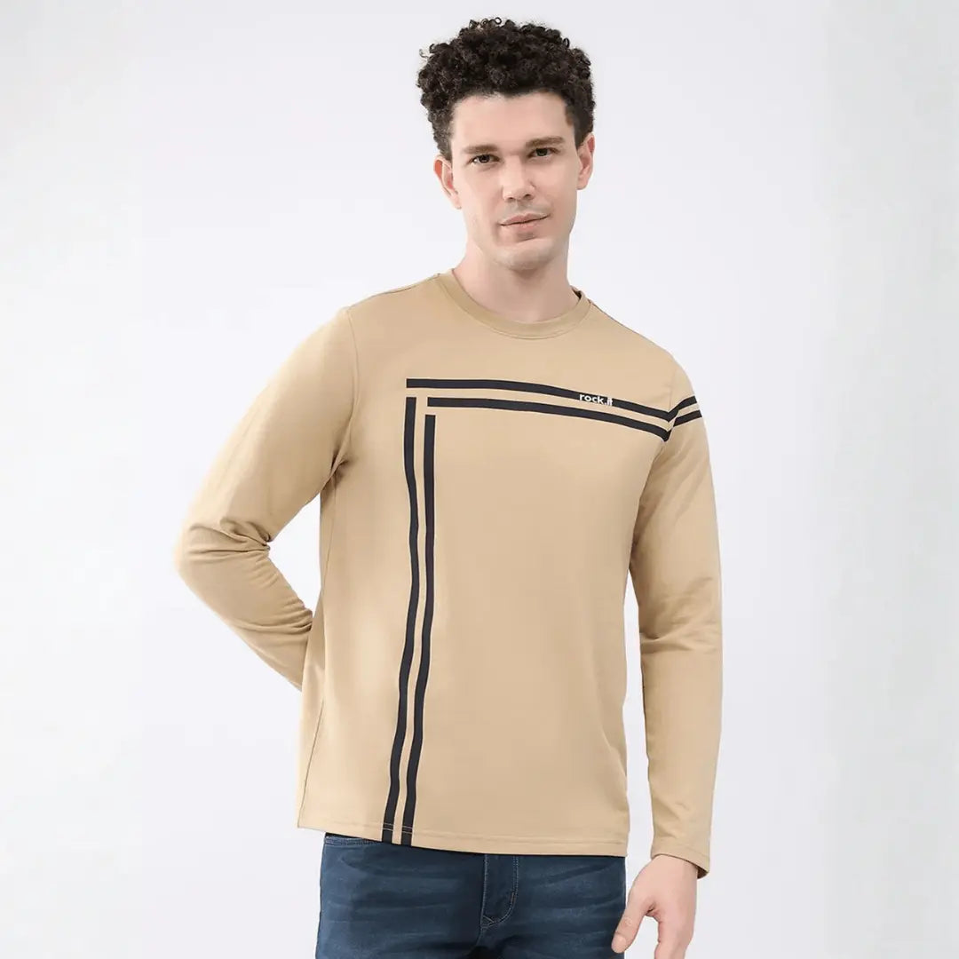 Men Beige Solid Round Neck Full Sleeve Winter T-Shirt