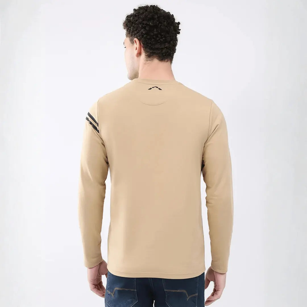 Men Beige Solid Round Neck Full Sleeve Winter T-Shirt