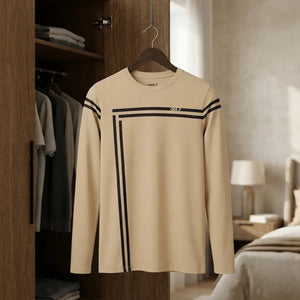 Men Beige Solid Round Neck Full Sleeve Winter T-Shirt