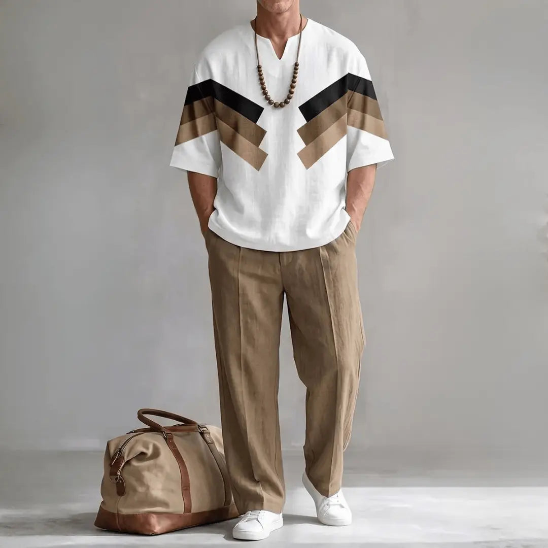 Men's White Geometric Color Block Linen Blend Short Sleeve Casual Shirt
